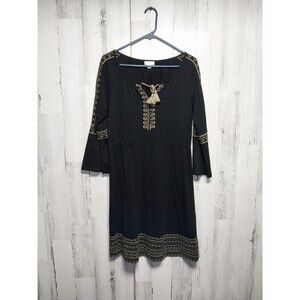 J. Jill Womens Dress Small Black Embroidered Tassel Tie Bell Sleeve Boho